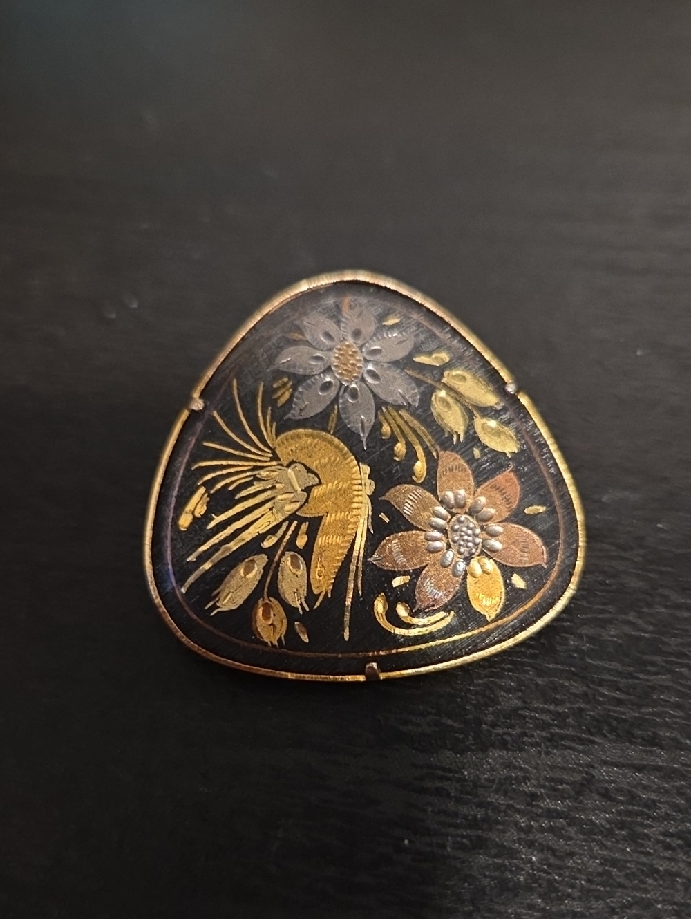 Triangular Vintage/Antique Floral Damascene Brooch With Trumpet Clasp